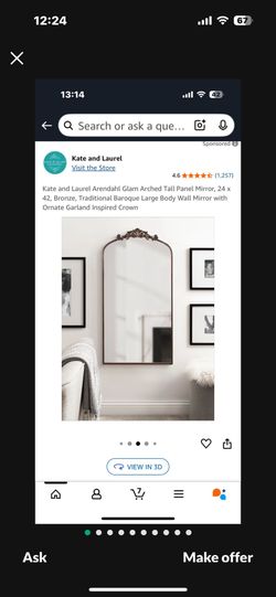 Kate and Laurel Arendahl Glam Arched Tall Panel Mirror, 24 x 42, Bronze, Traditional Baroque Large Body Wall Mirror with Ornate Garland Inspired Crown