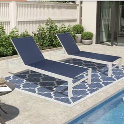 Set Of 2 Navy Blue Chaise Lounge Chairs Aluminum Frame