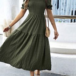 Shein Army Green Solid Puff Sleeve Ruffle Dress Maxi Women’s