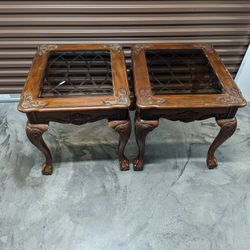 Set Of Two Carved Wood Side Tables With Engraved Glass Top