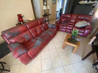 (2) Recliner Couch Leather Maroon/Red
