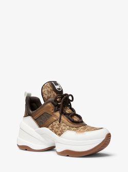 Michael Kors Olympia Logo Jacquard & Metallic Leather Sneakers – Size 7.5M