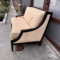 Contemporary Loveseat with Dark Wood Frame & Nailhead Trim — Neutral Upholstery