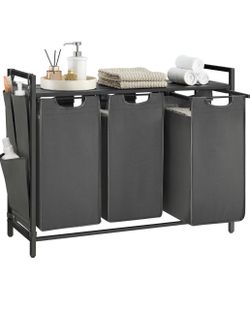 Laundry Hamper with Shelf, 3 Pull-Out Bags, 3 x 10.6 Gallons (40 L) Laundry Basket, Laundry Sorter 3 Section, Metal Frame, Slate Gray and Charcoal Gra