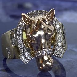 $1375 Three Tone Yellow White And Rose Gold W Zirconia Horse Head Ring
