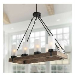 LNC Farmhouse Wood Chandelier Rustic Rectangular Light Fixture with Frosted Glass Shade for Kitchen Island, Dining & Living Room and Bedroom,Large