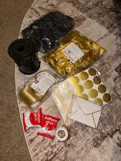 Black & gold rose petals, balloon glue, black & gold balloon strings, 292 heart stickers, and 17 white cards bundle