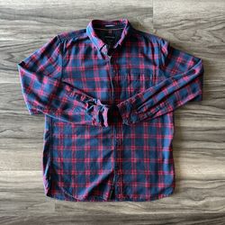 Men’s Flannel Button Up Shirt Blue and Red Plaid 