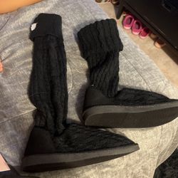 JustFab Fuzzies Black Caviar Knit Boots 