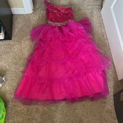 magenta pink kids dress with silver rhinestones and ruffles, wore this when i was 10 w