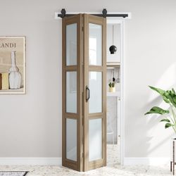 Bifold Barn Door 36X80(Double 18x80),3 Panels Glass with Hardware Kit Included, Modren,Water-Proof PVC Surface for Bathroom, Antique Wood