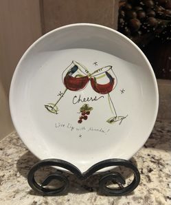 Plate With Wine Glass Design Includes Metal Stand 
