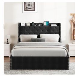 Black Upholstered Bed Frame with Storage Headboard