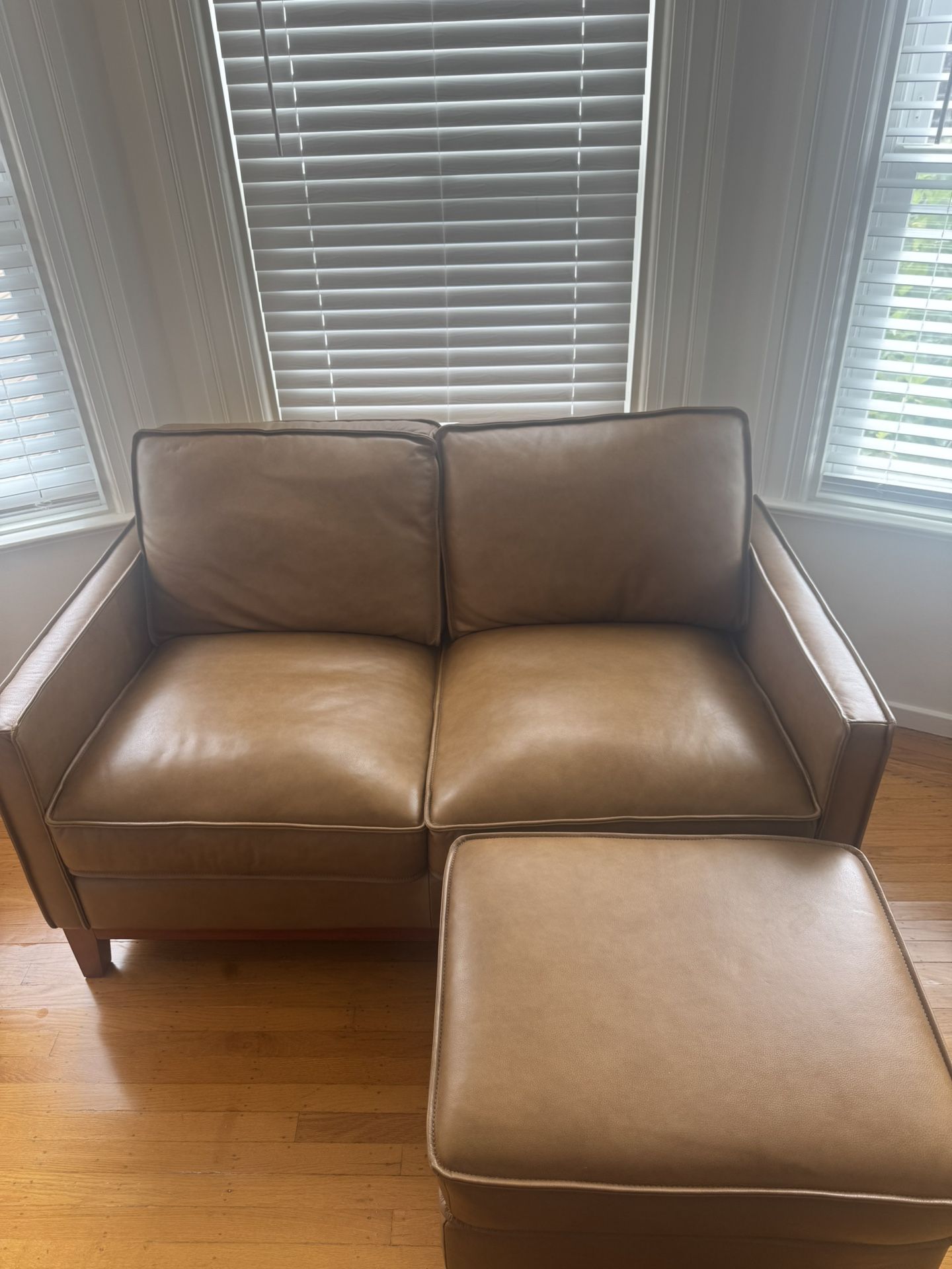 Mid Century Modern Leather Love Seat And Ottoman