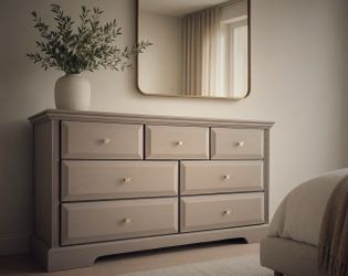 refinished neutral camel beige, seven drawer dresser with modern acrylic hardware