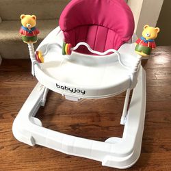 Baby Joy Walker with adjustable height, foldable with soft padded seat and a toy bar