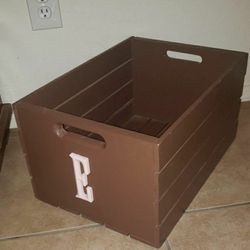 BROWN WOODEN CRATE STORAGE BIN BOX ORGANIZER ALPHABET LETTER E CONTAINER