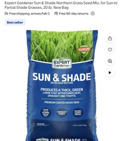 Expert Gardener Sun & Shade Northern Grass Seed Mix, for Sun to Partial Shade Grasses, 20 lb. New Bag