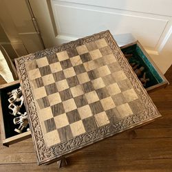 Chess Table With Hand Carved Pieces