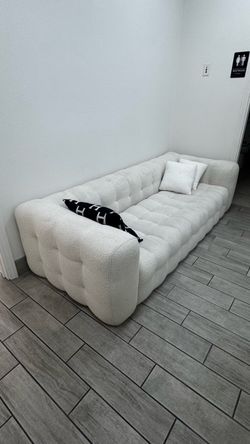 White Boucle Tufted Sofa — Excellent Condition