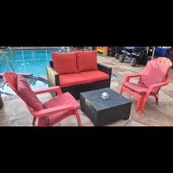 Beautiful 😍 4pc Sofa Set With Chairs Cushions and Coffee Table Accent Plant Included  Pool Deck Spa