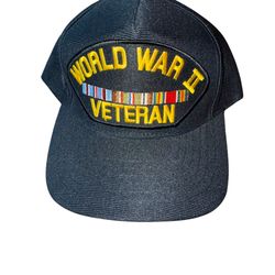 World War II Veteran Cap Military Eagle Crest Hat Adjustable Made In USA Black