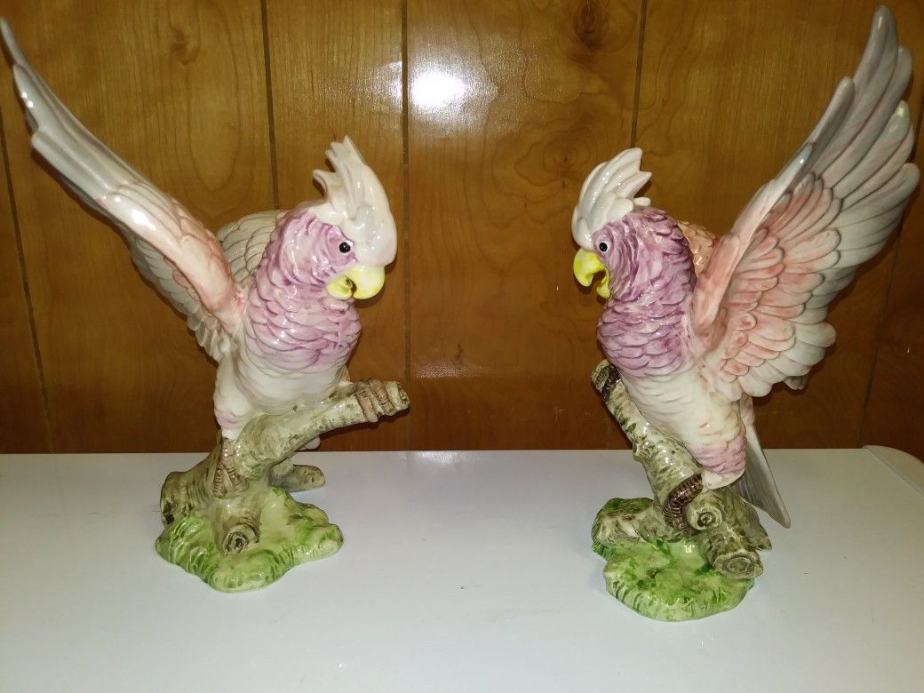 GORGEOUS RARE HAND PAINTED Pair of PINK COCKATOO Bird Figurine FITZ & FLOYD 1986