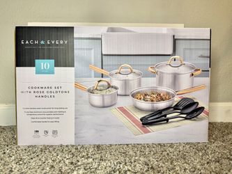 Stainless Steel Cookware Set (10PIECE) with Rose Goldtone Handles with Free Kitchen Utensils