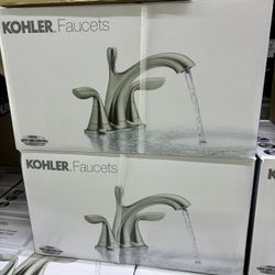 Kohler 4-inch centerset bathroom faucet has a brushed nickel finish