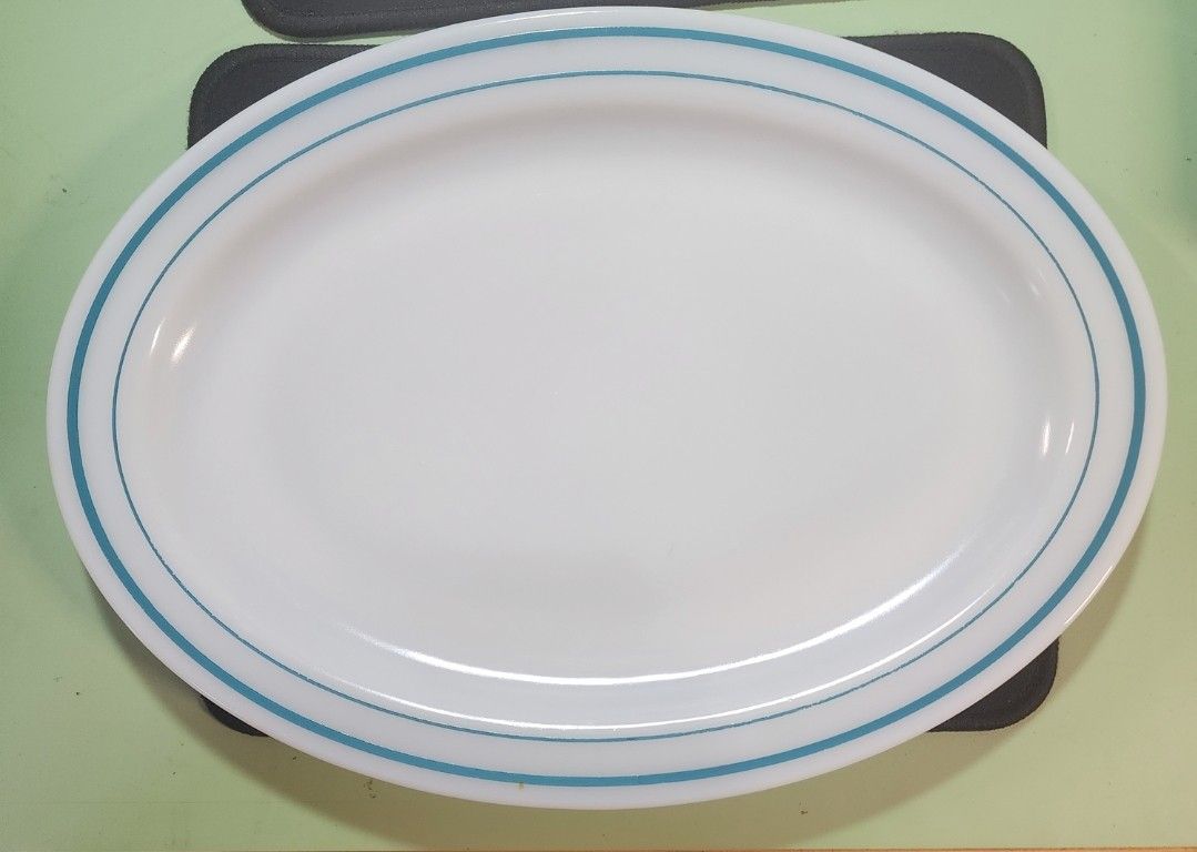 Vintage PYREX Oval Platters Tableware By Corning Double Blue Turquoise Band 12" Pair 

