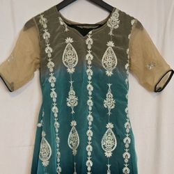 Green & Biege Embroidered Dress