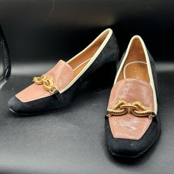 Size 8.5 Tory Burch Jessa Suede Patten Leather Gold Horse Bit Mid Heel Pump