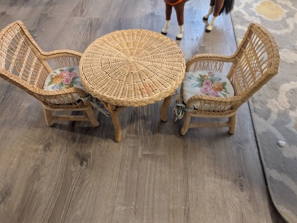 American Girl Samantha's Tea Party Wicker Table And Chairs OBO