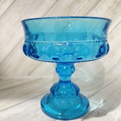 Vintage Indiana Glass Aqua Blue Thumbprint Kings Crown Compote Candy Dish