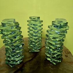 Vintage 4.5" Layered Glass Stacked Green Glass Candle Holders Set of 3 