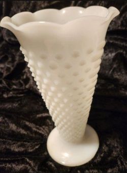 White Anchor Hocking Milk Glass Hobnail Ruffle Edge - Tall Vase - 9.5" tall