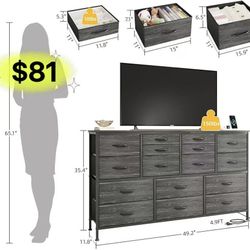 😀 11.8"Dx49.2”Wx35.4”H Dresser TV Stand with Power Outlet 60" TV Stands for Living Room Dresser for Bedroom with 16 Fabric Drawers for TV Stand