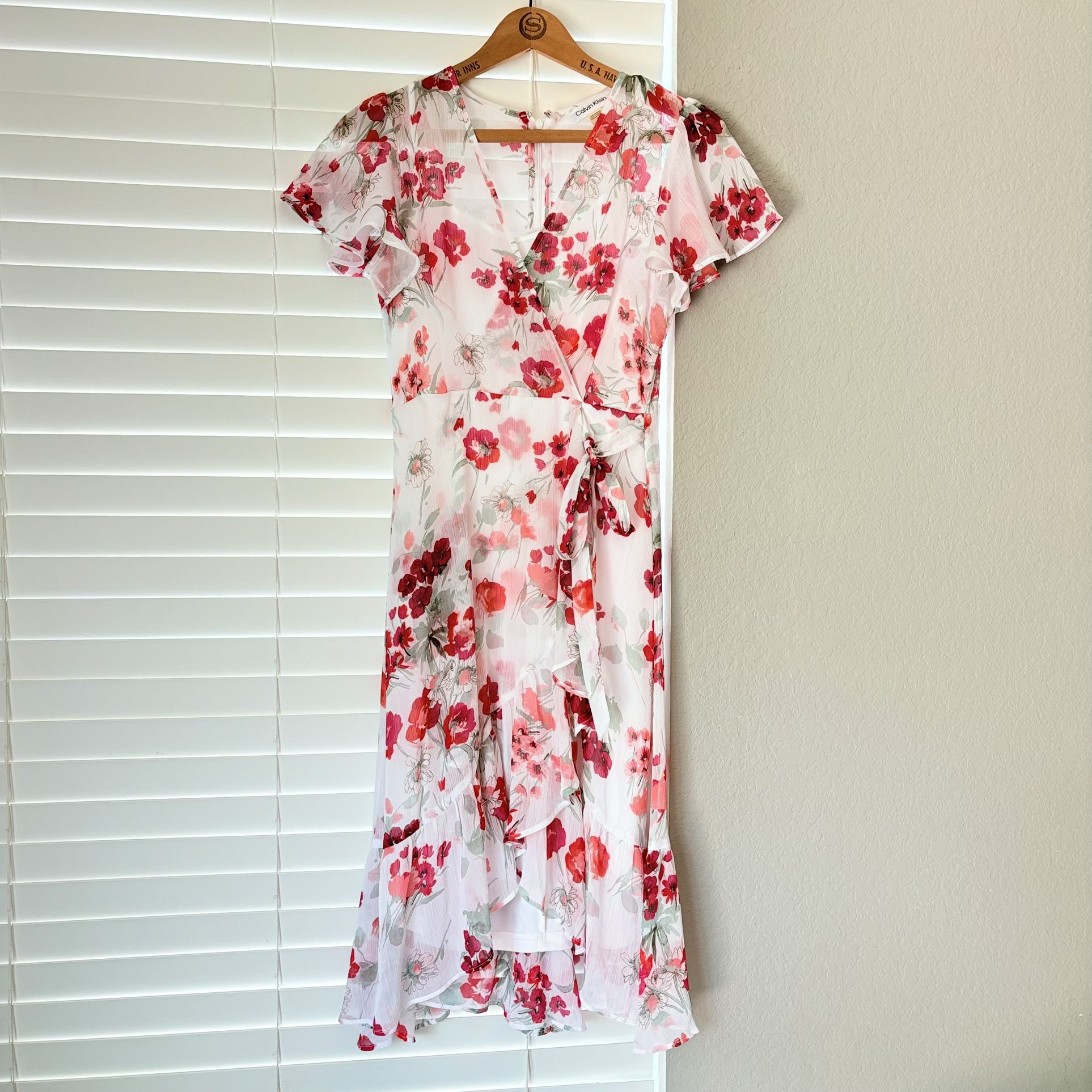 Calvin Klein Floral Ruffle Short Sleeve Midi Dress Back Zip White Red Women’s 2P