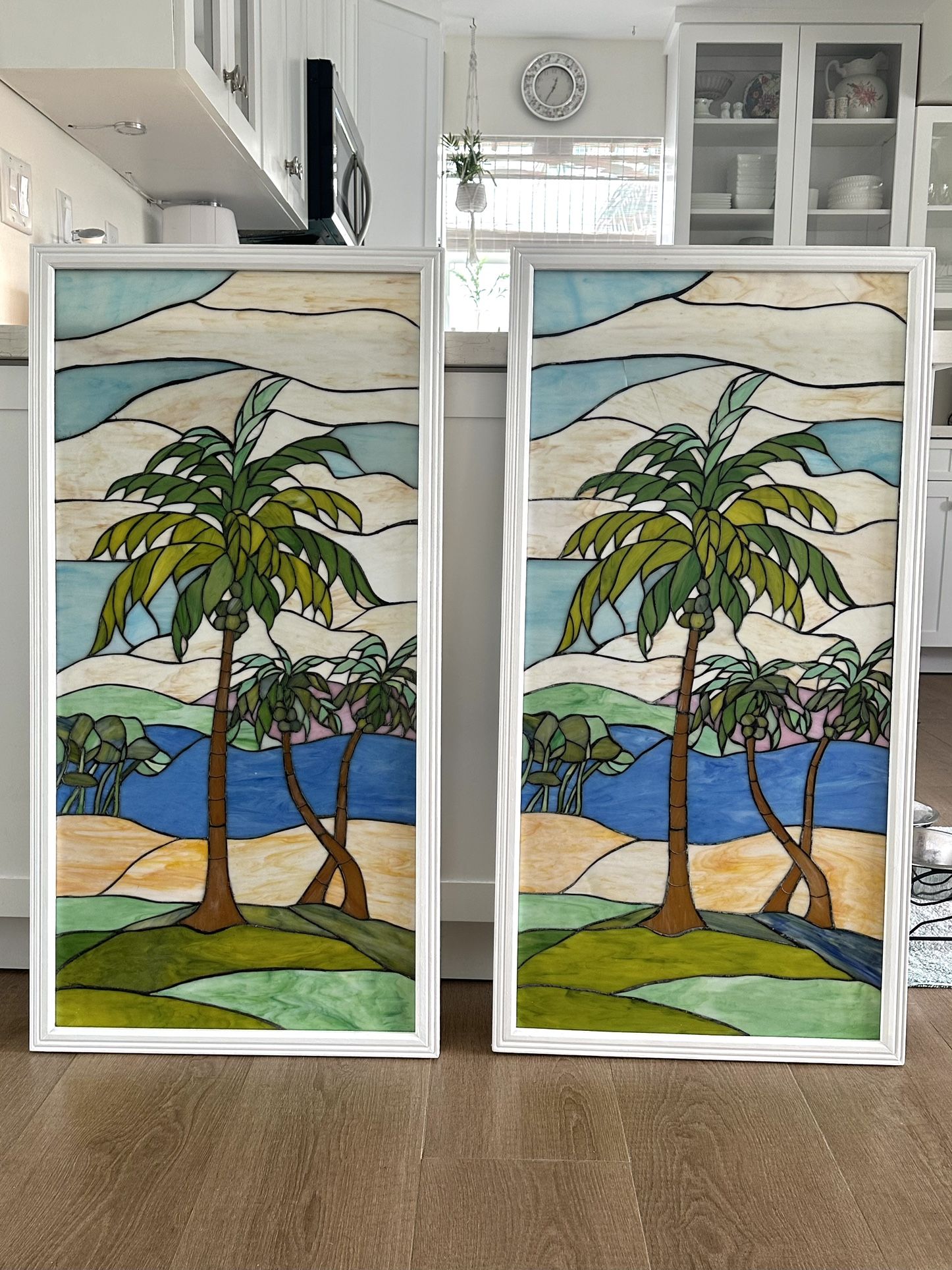 Vintage Stain Glass Hanging Panels - Palm Trees. Set of Two