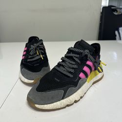 adidas Nite Jogger Black Pink Yellow White Lace Up Low Top Sneakers