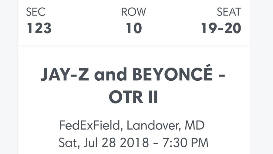 Jay-Z Beyoncé OTR2 “On the Run 2” tickets sec 123 row 10 seat 19-20
