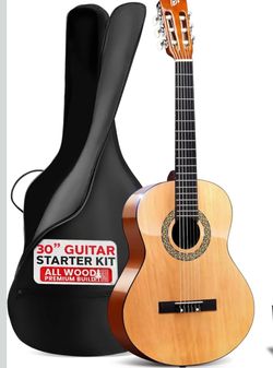 Pyle Beginner 6 String Acoustic Guitar Kit, 1/4 Junior Size Classical Instrument for Students, 30" Natural Gloss