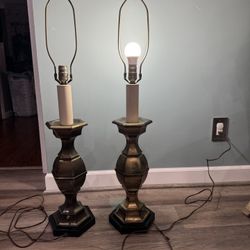Vintage Hollywood Regency Burnished Brass Look Candlestick Table Lamps - A Pair