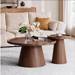 Nesting Coffee Table Set of 2, Mid Century Modern Coffee Table with Wood Grain Veneer, Fluted Round