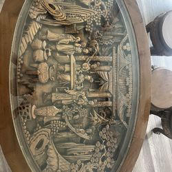asian hand carved wooden coffe table with glass inlay