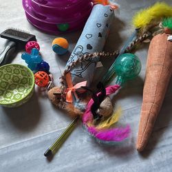 A Bunch Of Cat Toys - Includes Pet Grooming Brush AND PET DISH
