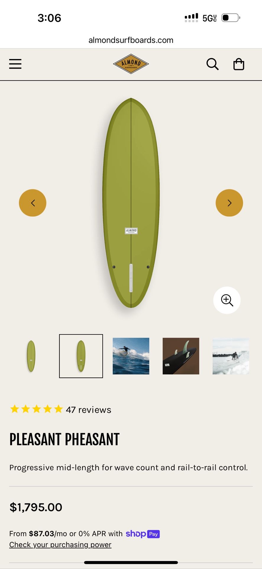 6’8 Almond “Pleasant Pheasant” Surfboard – Excellent Condition + Full Accessory Kit