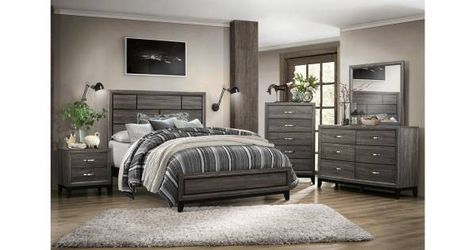 Brand new grey queen bedframe + dresser + mirror + nightstand 4PCs bedroom set