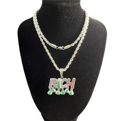 SS925 Iced Out “RICH” Money Bag Pendant Necklace