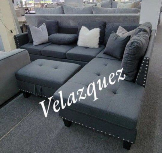 ✅️✅️3 pc charcoal linen like fabric sectional sofa drop down cup holder chaise and ottoman nail head trim ✅️